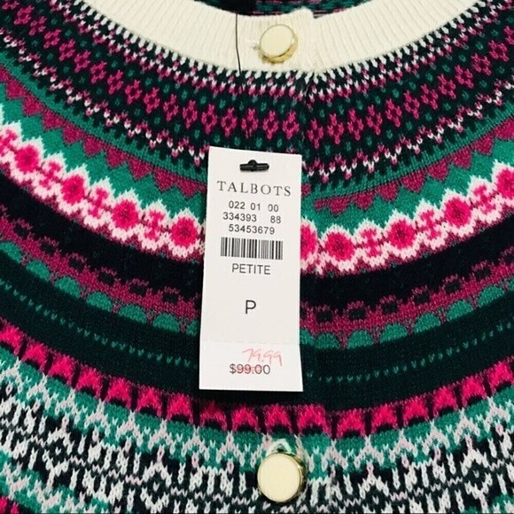 New! Talbots Fair Isle Trim Cardigan Cotton Cashmere Petite Sweater - Picture 9 of 12